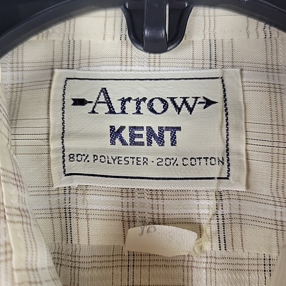 Vtg Arrow Kent Shirt‎ Mens 16 / 32 Poly / Cotton Beige Plaid Dagger Collar - Picture 4 of 8